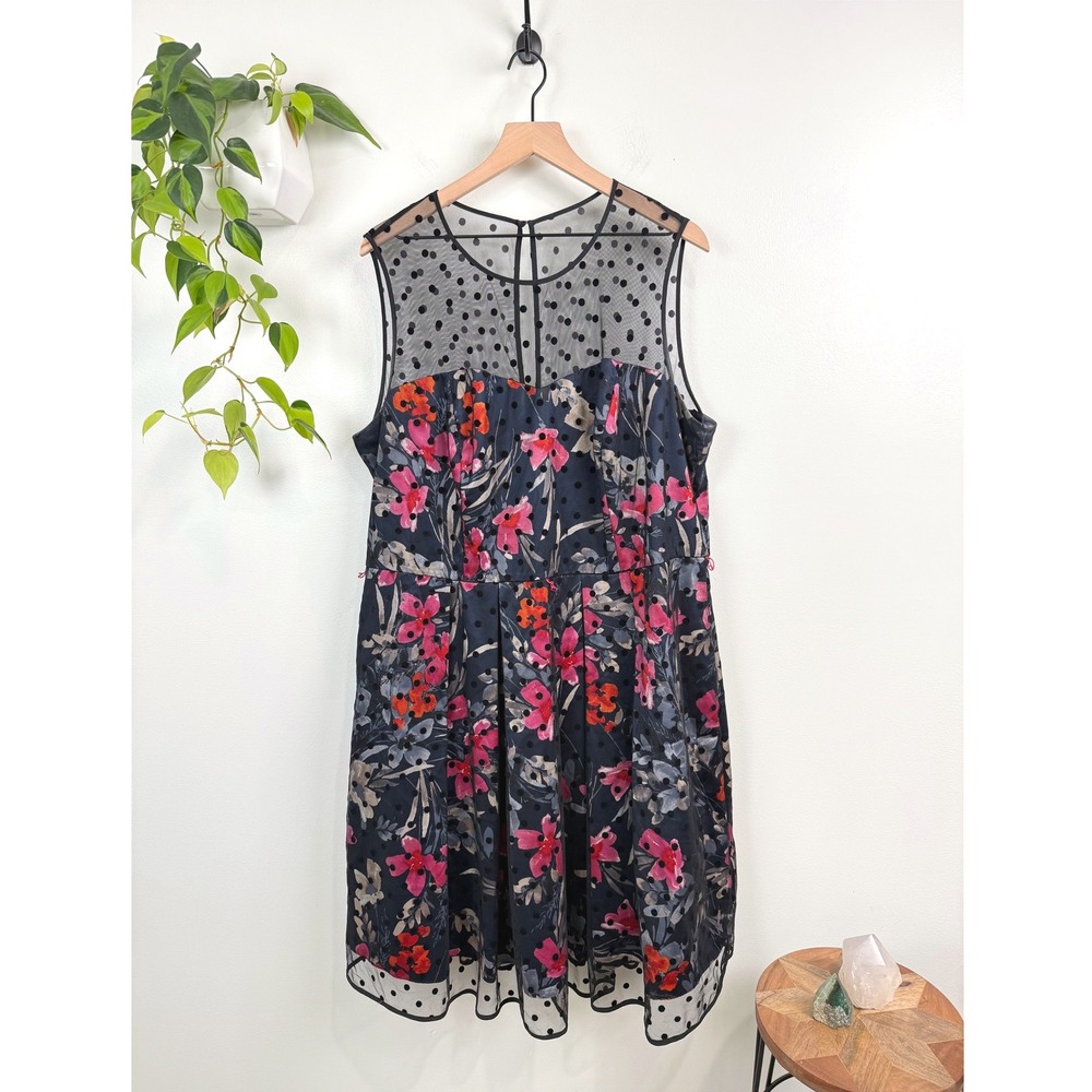Eliza J Floral Polka Dot Mesh Overlay Fit Flare Dress 20W Navy Feminine Cocktail